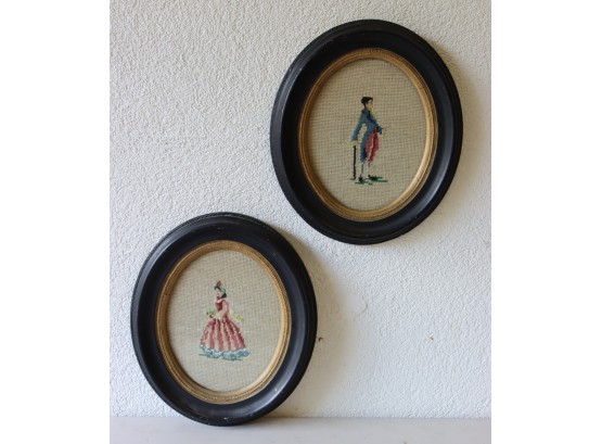 A Pair Of Vintage Embroidery Portraits - A Lady And A Gentlemen In Oval Frames