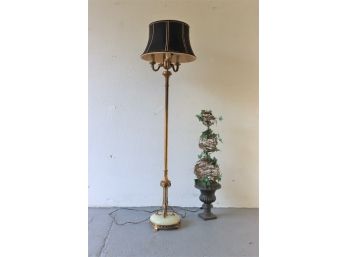 Art Nouveau Brass And Marble Floor Lamp - Black Bell Shade With White Piping