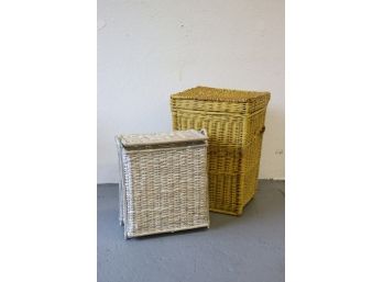 Three Wicker Baskets - Great Patina And Tilt Back Tops