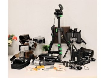 Shelf Lot - Vintage Cameras And Tripods And Binoculars