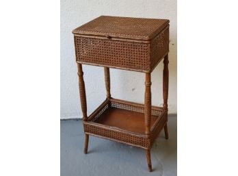 Vintage Cane Wicker Low Side Table - Lidded Box Top And Handle For Moving