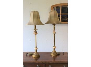 Pair Of Vintage Brass And Marble Lamps With Beaded Tassel Pulls