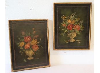 Pair Of Framed Floral Still Life - On Leather