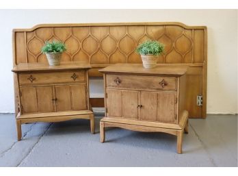 Mid-Century Modern American Bedroom Set - King Size Headboard And Two Matching Nightstands