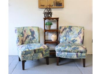 Pair Of Slipper Accent Chairs - Colorful Abstract Fabric And Individual Silver Nail Heads