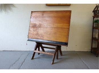 Vintage Drafting Table In Wood And Cast Iron - Adjustable Angle And Parallel Straight Edge