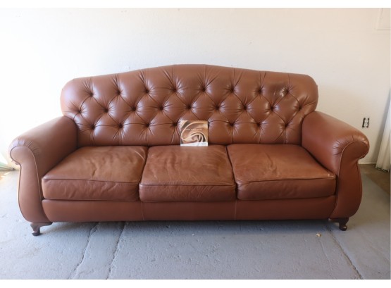 Natuzzi Cognac Leather Three Seat Sofa With Rolled Arms And Tufted Back