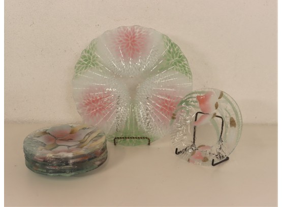 Floral Decorated Color On Clear Glass Platter & Small Plates