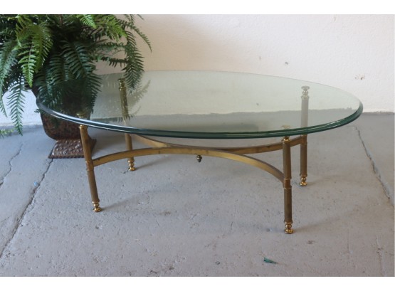 Oval Glass Topped Table -  Metal Curved Stretchers