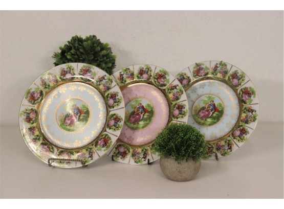 Trio Of Ornate Painted Courting Scene Plates - 10.5' Round