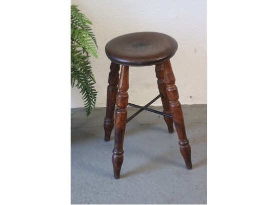Vintage Spindle Leg Stool With Cast Iron Cross Stretcher