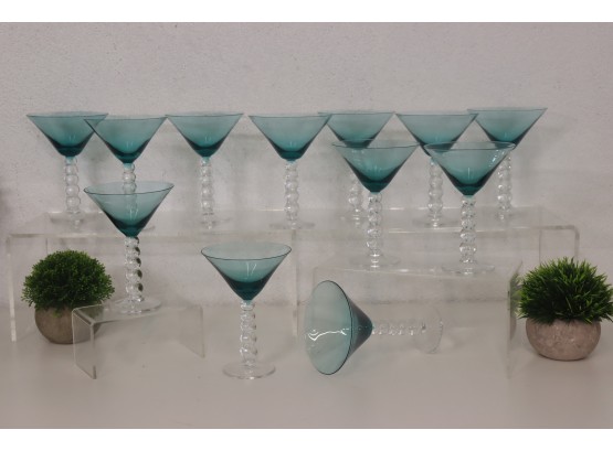 Modern Aqua Blue Cone & Clear Bead Ball Stem Martini Glass Set - 12 Pieces, Size Varies