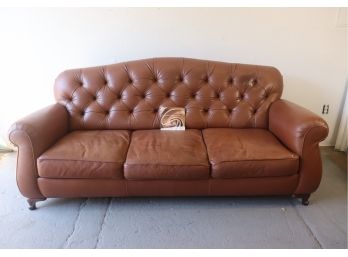 Natuzzi Cognac Leather Three Seat Sofa With Rolled Arms And Tufted Back