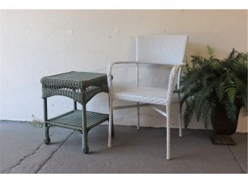 Synthetic Resin Wicker Arm Chair And Side Table - Metal Frames - All Weather Wicker