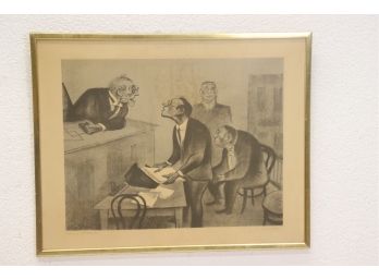 Framed Untitled ,judge & Lawyer In Courtroom, Color Litho -signed
