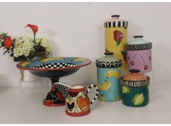 Group Of Colorful Droll Designs Ceramic Cannisters, Pedestal Bowl, And Pitcher