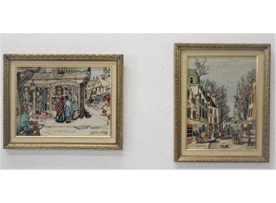 Pair Of C. Harsha Vintage Victorian Street Store Scene Hand Painted Etching