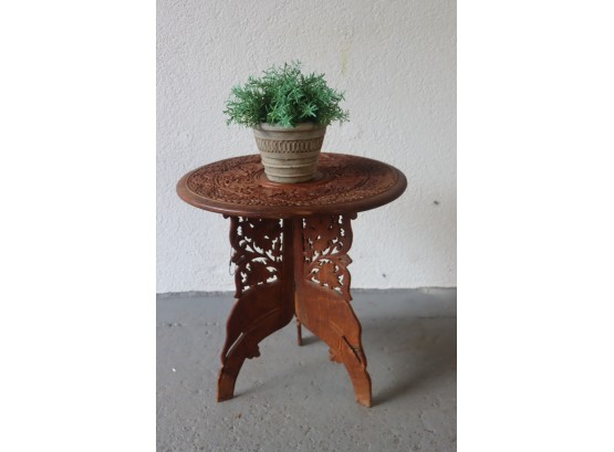 Wood Accent Table - Hand Carved & Inlayed Top With  Scrolled  Base