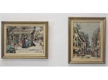 Pair Of C. Harsha Vintage Victorian Street Store Scene Hand Painted Etching