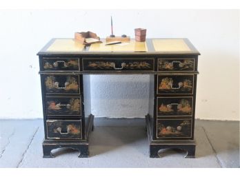 Chinese Chippendale Partner's Desk With Leather Panel Inlay Top