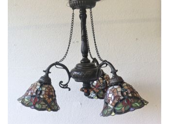 Tiffany-style Tri-Pendant Hanging Lamp In Leaded Glass Panel And Bead