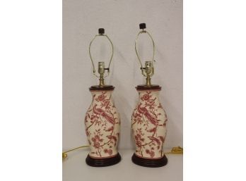 Pair Of Crimson & Cream, Flower & Quail Lamps