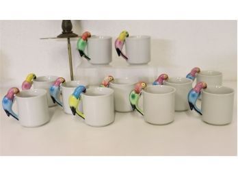 Group Lot Of Colorful Parrot Figural Tropical Bird White Ceramic Coffee Cups