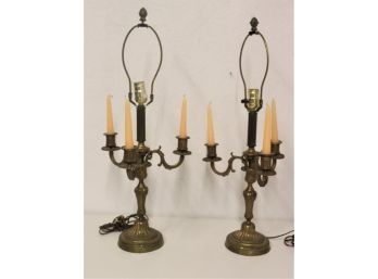 Pair Of Brass Base Candelabra Style Table Lamps - Light Bulb And Candles