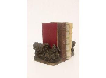 Pair Brass Chalkware Oyen & Covered Wagon Bookends