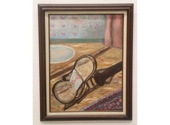 Framed Painting - Chair, Shadow, Two Rugs - Signed Verso (illegible)