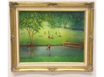 'Village Green' Framed Oil Painting - Signed Front MW Verso Maureen Whitley