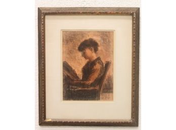 Oil Pastel/Crayon Profile Of Woman Reading Portrait - Signed