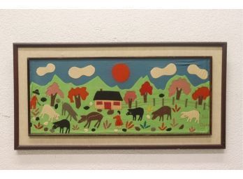 Framed Fabric/Textile Art - Patoral Farmhouse Life Scene