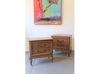 Pair Of Double Drawer Nightstands With Regal Floral Bail Pulls