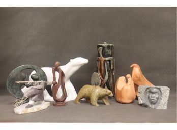 Ten Tribal, Animal, And Abstract Figurines - Marble, Granite, And Other Cast Stone