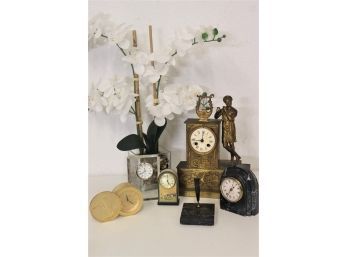 Lot Of  Desk/Shelf Clocks And A Fountain Pen Stand - All Sold As Is