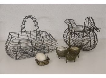 Four Varied Wire Egg Baskets & Three Marble Eggs