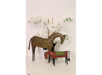 Two Primitive Painted Metal Decorative Horse Figurines