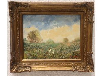 Landscape With Mother And Daughter In Fields And Clouds - Signed & Framed