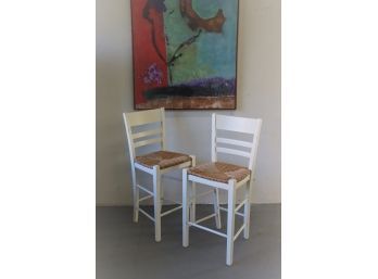 Pair Of White And Wicker Seat Stools -Counter Height-25'H