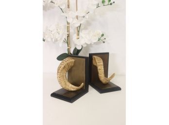 A Pair Ram's Horns Bookends/Table Sculptures - On Copper & Wood L Bases