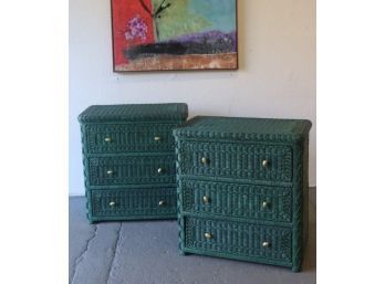 Pair Of Green Wicker Three Drawer Chest/side Stands