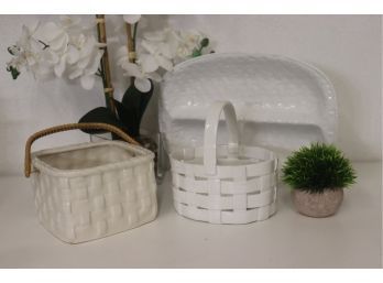 Three White Woven-style Ceramic Pieces: 2 Baskets And 1 Divided Tray/Service