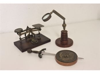 Brass And Wood Desk Trio - Balance Scale With Couterweights, Standing Magnifier, Letter Opener