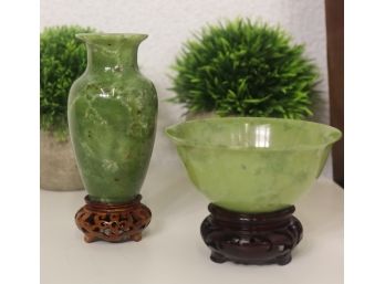 Nephrite Green Small Vase And Small Bowl