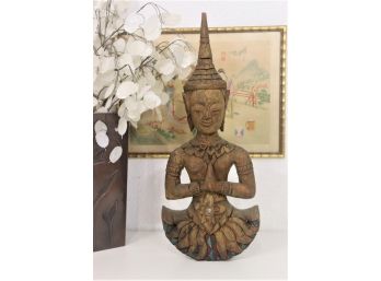 Carved Wood Statue Of Meditating Thai Buddha