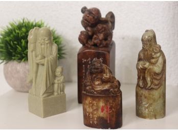 Four Carved And Signed Stone Buddhist Figurines And Totems