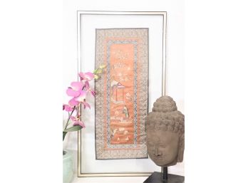 Vintage Japanese Embroidered Tapestry On Silk  In Floating Glass Frame
