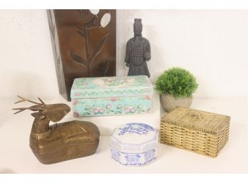 Group Lot: 3 Ceramic Decorative Boxes  And 1 Tooled Brass Buck Continer Figurine