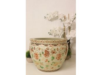 Exquisite Asian Cache Pot - Flowers Outside And Goldfish Inside